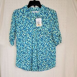 Emily Daniels size small elbow sleeve, one pocket, print, polo shirt. NWT